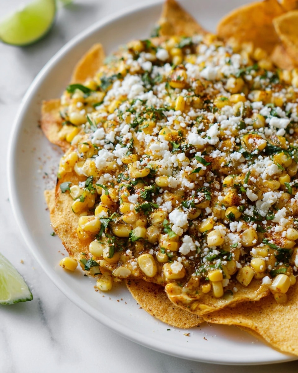 A close-up view of a white plate on a white marbled surface with a layer of crispy, golden tortilla chips at the bottom right corner. On top of the chips is a thick layer of cooked corn kernels mixed with chopped green herbs and small bits of seasoning, showing a mix of yellow, green, and light brown colors with a slightly glossy texture. The corn mixture is sprinkled with a light dusting of white crumbly cheese evenly spread over the top. In the lower right corner of the image, there is a partially visible green lime wedge resting against the plate. Photo taken with an iphone --ar 4:5 --v 7
