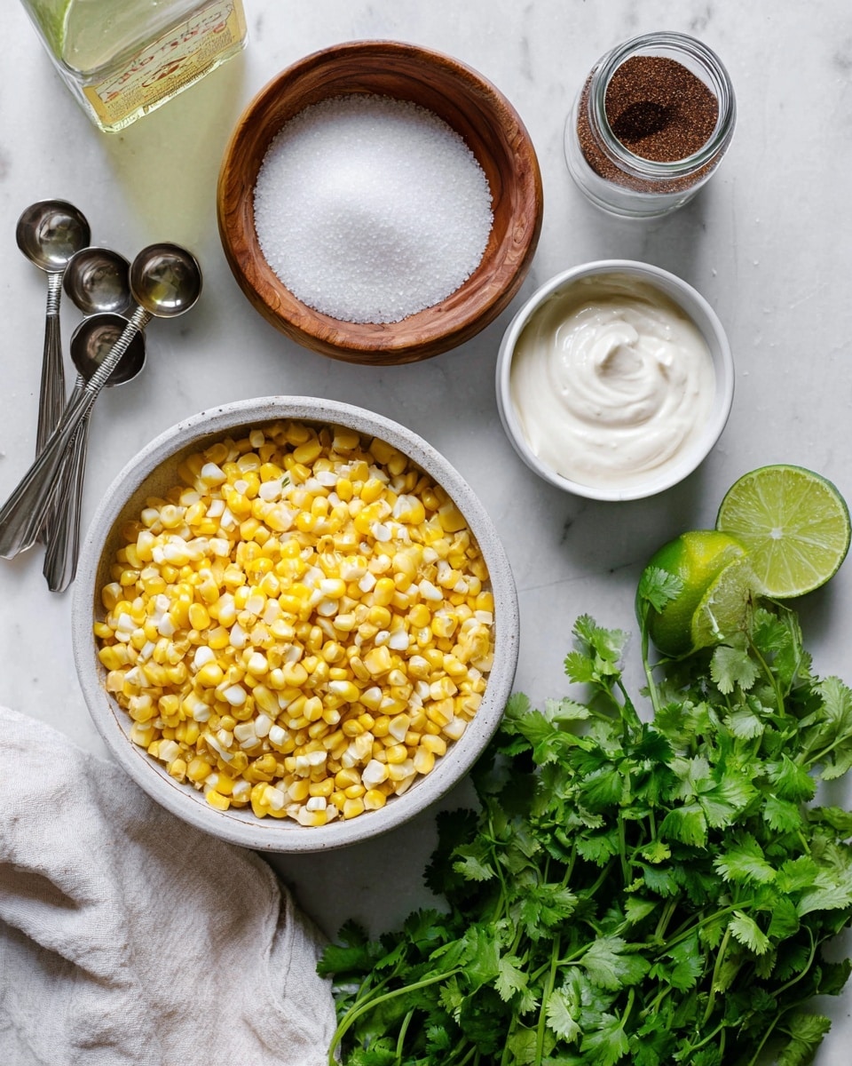 A white bowl filled with bright yellow and white corn kernels sits on a white marbled surface. Next to it, there is a wooden bowl full of coarse white salt, a small white bowl with a smooth swirl of white sour cream or mayonnaise, and a glass container holding dark brown powder or spice. A bunch of fresh green cilantro spreads across the lower right side of the frame, with a half lime showing its green rind and light green interior nearby. Three shiny metal measuring spoons lie on the left side along with a bottle of light-colored oil or dressing partially visible near the top. A soft, white cloth is also seen at the bottom left. Photo taken with an iphone --ar 4:5 --v 7