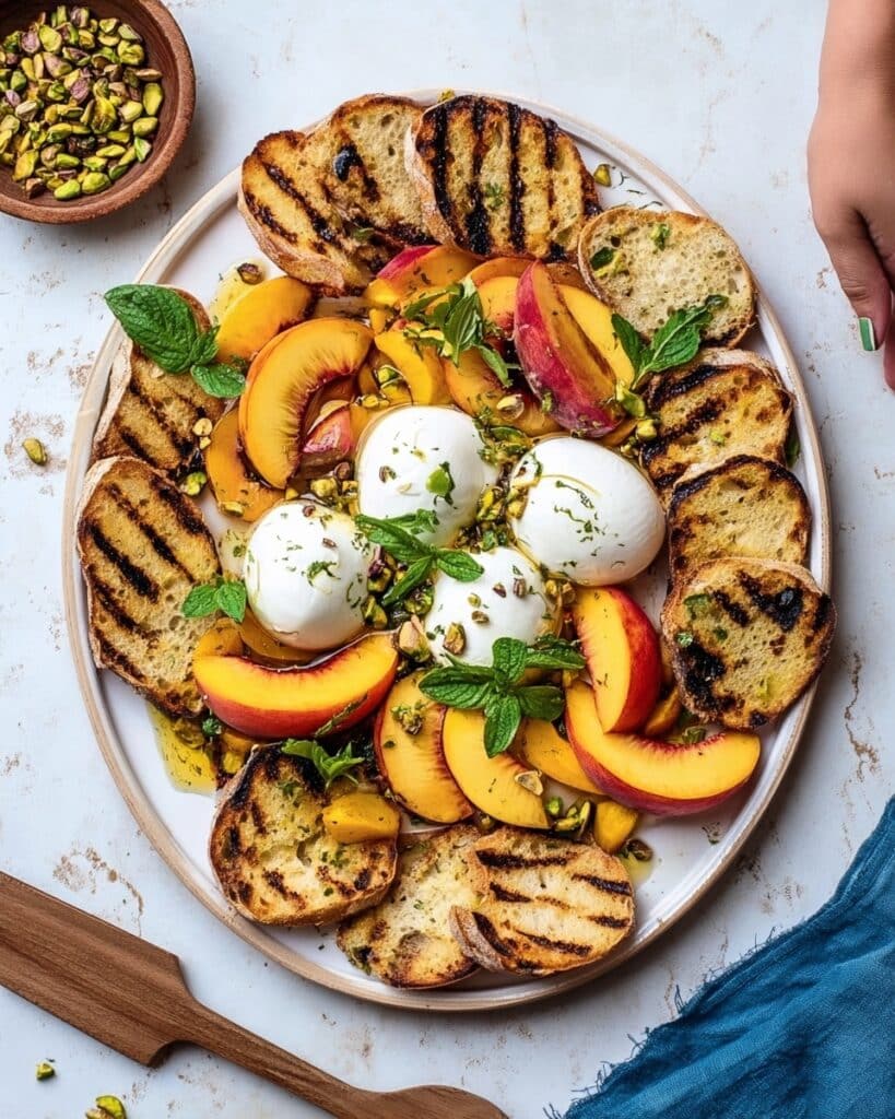 Grilled Peaches with Burrata, Honey, and Pistachios Recipe