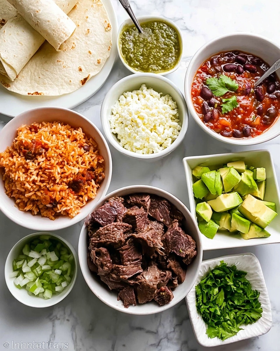 The image shows a white plate with a rolled tortilla on the left side placed on a white marbled surface. Around the plate, there are several white bowls containing different food items: at the top center is a bowl with green salsa, below it is a bowl with white crumbly cheese, to the right is a bowl with red salsa garnished with small green leaves and a spoon inside. Beneath those, there is a bowl of cooked dark brown beans, next to it on the left is a bowl filled with cooked chunks of dark brown meat. Below the meat is a bowl of orange rice with bits of red and green mixed in. To the right of the rice is a square bowl with chopped pieces of avocado, and next to it on the right are two small bowls, one filled with fresh green herbs and the other with chopped white onions mixed with light green pieces, all placed on the white marbled surface. photo taken with an iphone --ar 4:5 --v 7