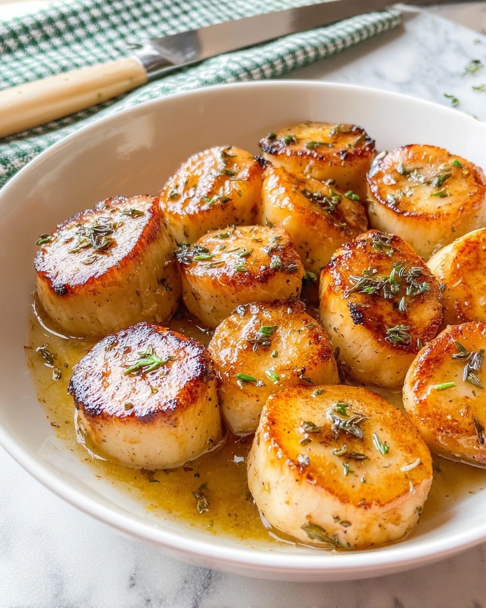 The image shows a white plate filled with about ten thick, round pieces of seared food with a golden brown top layer that looks smooth and glazed with oil or sauce. Each piece has a light beige body with visible seasoning and tiny green herb flakes sprinkled on top. The pieces are tightly packed together, sitting in a shallow layer of shiny, light brown sauce that has some small bits of herbs floating in it. The plate rests on a white marbled surface with a knife and a green and white checkered cloth in the background. photo taken with an iphone --ar 4:5 --v 7