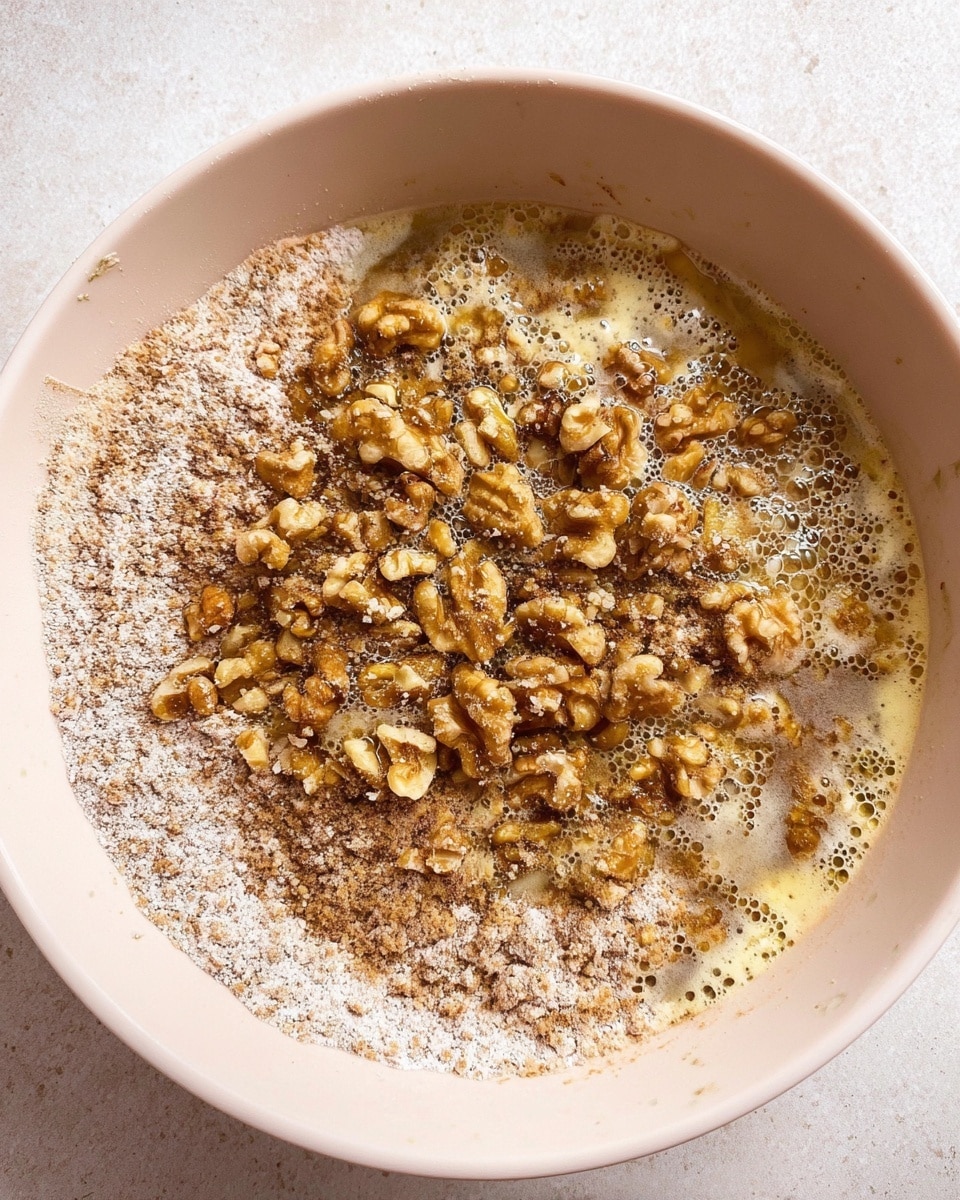 In a white bowl, there is a mix of layers starting with a light brown powder spread unevenly around the edges. In the center, there are unevenly chopped walnuts that are golden brown and slightly shiny, likely from a liquid poured over them that forms a bubbling, frothy texture around the nuts and powder. The mixture has a rough, slightly wet appearance with small lumps. The white marbled texture surface is barely visible around the bowl. photo taken with an iphone --ar 4:5 --v 7