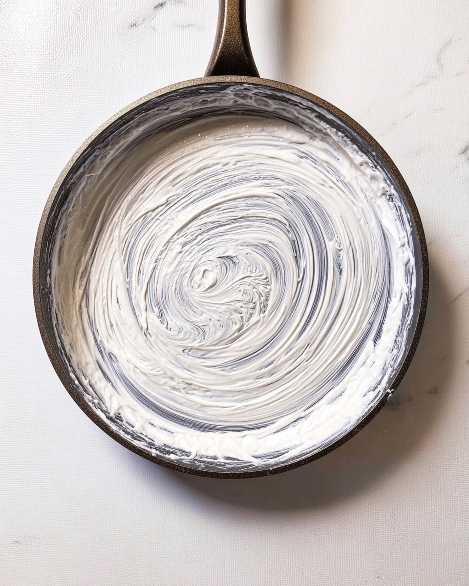 A top-down view of a round metal pan with a handle at the top. The inside of the pan is coated with a layer of white spread, applied in circular strokes that create a textured pattern. The pan sits on a white marbled surface, creating a clean and bright background. photo taken with an iphone --ar 4:5 --v 7