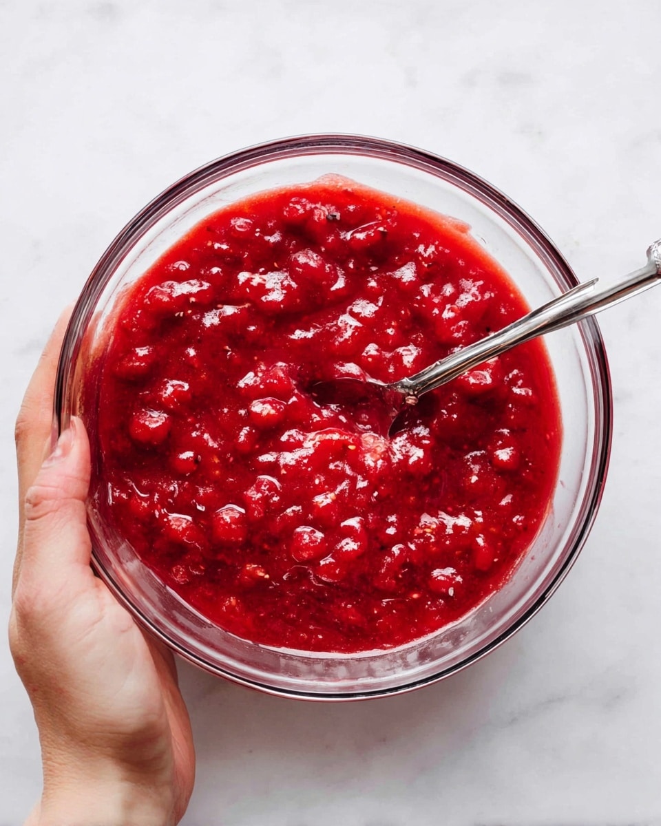 A clear glass bowl filled with thick, bright red chunky sauce with visible small fruit pieces, held by a woman's hand on the left side of the image, with a silver spoon resting inside the bowl on the right. The bowl sits on a white marbled textured surface. photo taken with an iphone --ar 4:5 --v 7