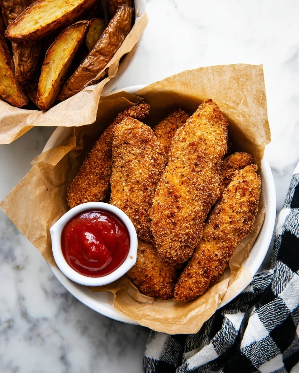 A white bowl lined with light brown parchment paper holds five pieces of crispy, golden-brown breaded chicken strips arranged in a fan shape. Inside the bowl, near the chicken strips, there is a small white ceramic cup filled with bright red ketchup, placed on the left side. Next to the bowl, on a white marbled surface, there is another container lined with the same parchment paper, filled with thick, golden-brown potato wedges that have a crunchy outside. A black and white checkered cloth is partially visible under the container of potato wedges. The image is bright and clear, photo taken with an iphone --ar 4:5 --v 7