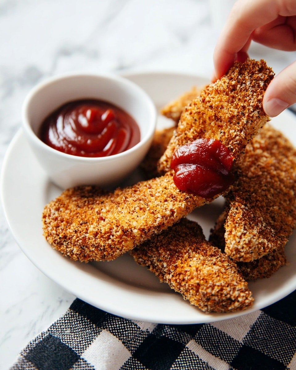 A white plate holds four crispy, brown breaded chicken tenders with a rough, textured crust. One tender is being held by a woman's hand dipping into a small white round bowl filled with smooth, deep red ketchup. The plate and bowl sit on a cloth with a black and white checkered pattern, all set on a white marbled surface. The image is close-up, showing the detailed texture of the breading and shiny ketchup. Photo taken with an iphone --ar 4:5 --v 7