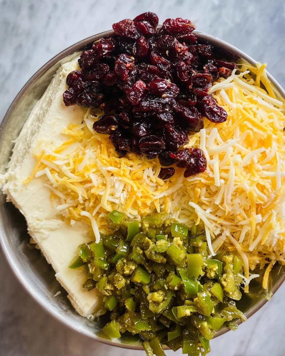 The image shows a close-up of four main layers in a mixing bowl against a white marbled surface. The bottom layer is a creamy white block, visible mostly under the toppings. On the left side, there is a pile of dark red dried cranberries with a slightly wrinkled texture. At the top right, there is a heap of shredded cheese, mixing yellow and white strands, covering a good part of the creamy layer. The bottom right layer is made up of chopped green peppers with a moist, slightly shiny texture, placed over the creamy base and next to the cranberries. Photo taken with an iphone --ar 4:5 --v 7