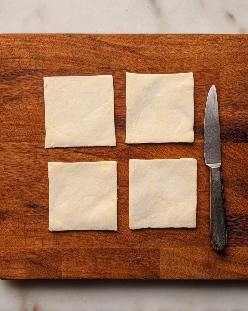 The image shows four square pieces of light beige pastry dough laid out flat on a wooden cutting board with a rich brown color and visible grain patterns. Each dough square has a smooth texture with slightly uneven edges, arranged in a loose grid with some space between them. To the right of the dough squares lies a small knife with a shiny metal blade and a dark handle. The surface underneath is a white marbled texture. Photo taken with an iphone --ar 4:5 --v 7