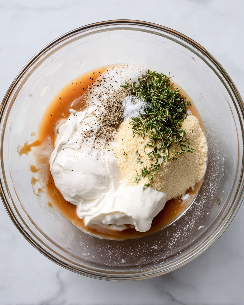 In a clear glass mixing bowl on a white marbled surface, there are five distinct layers of ingredients: a pool of light brown liquid sauce at the bottom, evenly surrounding the other ingredients; a fluffy white creamy layer on the right side, next to a smaller patch of pale yellow powder; finely chopped green herbs sit at the bottom left; a dusting of coarse black pepper is sprinkled over the upper middle layer; the layers remain separate, showing clear textures and colors before mixing photo taken with an iphone --ar 4:5 --v 7