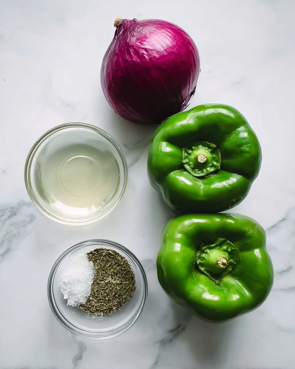 The image shows two large green bell peppers with a smooth, shiny surface and stems on top, placed near a whole red onion with a rough, deep purple skin. Below them, there are three small clear glass bowls with different contents: a large one filled with a pale, translucent liquid, and two smaller ones containing coarse white salt and dried green herbs, all arranged on a white marbled surface. Photo taken with an iphone --ar 4:5 --v 7