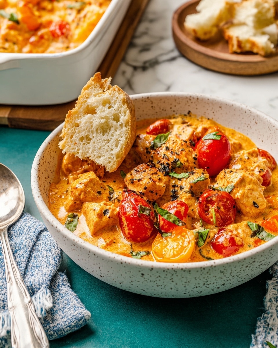 The dish shows a white speckled bowl filled with a creamy, orange sauce holding chunks of light golden-brown cooked chicken and whole red and yellow cherry tomatoes, topped with small green basil leaves and black pepper bits. A thick piece of white bread is dipped into the mixture, lifting some sauce and chicken above the bowl. The bowl sits on a white marbled surface with parts of a white baking dish filled with the same chicken and sauce visible behind it, alongside torn pieces of white bread on a round wooden board. A metallic spoon rests inside the bowl, and a blue and white cloth lies nearby. photo taken with an iphone --ar 4:5 --v 7