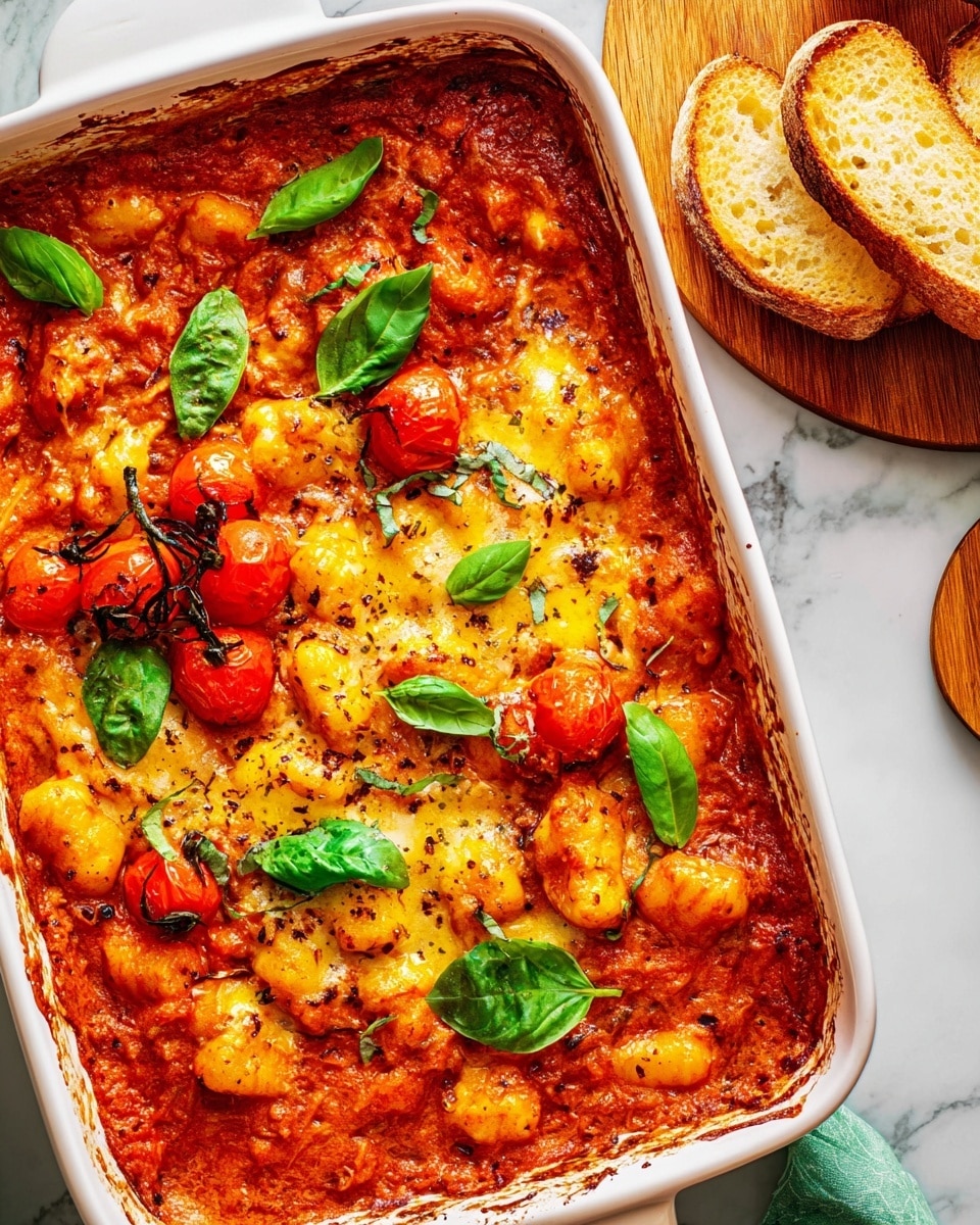 A white rectangular baking dish filled with golden-yellow gnocchi layers covered in a rich, creamy orange sauce with visible red cherry tomatoes and green basil leaves scattered on top. The sauce has a smooth, slightly thick texture with herbs visible. The dish appears baked, with bubbling edges and some darker roasted spots around the sides. A silver spoon scoops out a portion from the bottom right corner of the dish. Nearby, there are pieces of golden, toasted focaccia bread with a light crust sitting on fresh green spinach leaves on a white marbled surface, alongside folded blue and white striped cloth. Photo taken with an iphone --ar 4:5 --v 7