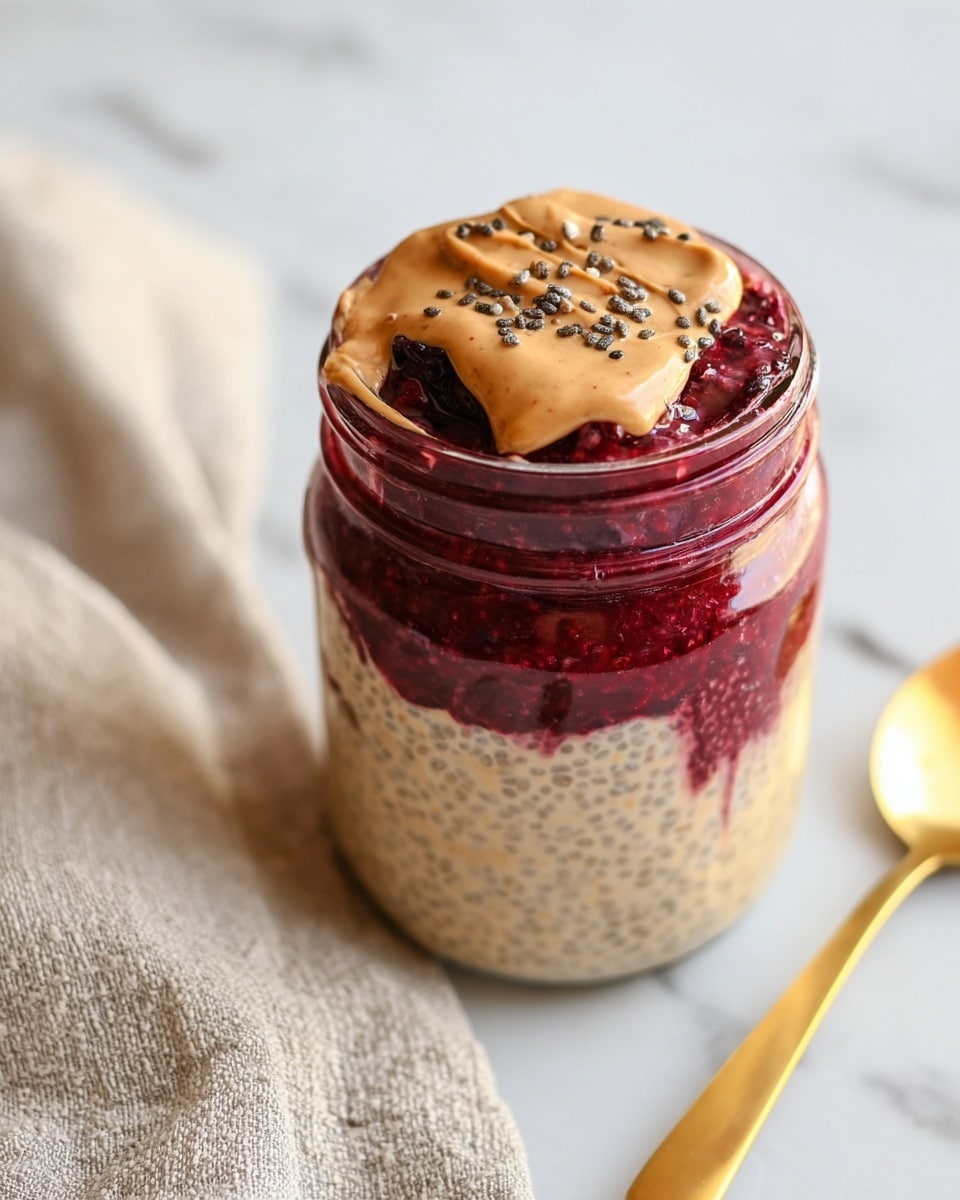 Two small glass jars sit on a white marbled surface, each layered with creamy oat mixture at the bottom, followed by a thick layer of dark red blackberry sauce mixed with whole blackberries. On top of the sauce, there is a swirl of light brown peanut butter sprinkled with small black chia seeds. In the background, two golden spoons rest on the white marbled texture. The image is bright with soft natural light, focusing on the top of the jars. Photo taken with an iphone --ar 4:5 --v 7