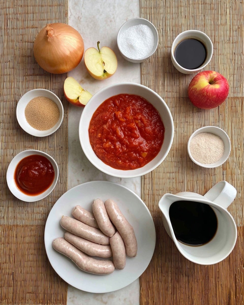 The image shows a collection of cooking ingredients arranged neatly on a white marbled surface with a wooden textured area and a woven beige and white placemat. There is a white bowl in the center filled with bright red chunky tomato sauce. Below it, a white plate holds several pale pink sausages arranged in a small pile. To the left of the bowl, there is a whole light brown onion and two red and yellow apples near the top. Around these are small white bowls and dishes containing light brown sugar, white powder, a small beige paste, dark brown liquid in a small bowl, and a larger white pitcher also filled with dark liquid. Another small bowl contains a smooth deep red sauce. All items are placed with clear spacing and organization. photo taken with an iphone --ar 4:5 --v 7