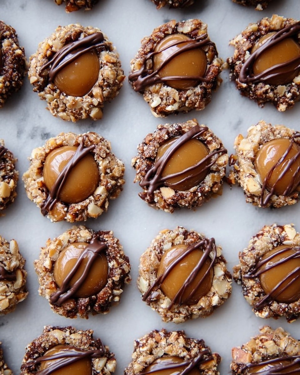 The image shows many round cookies arranged in neat rows on a white marbled surface. Each cookie has a rough, crumbly outer layer made of chopped nuts and a darker dough, giving a textured look with small nut pieces visible. The center of each cookie has a smooth caramel-colored dollop, some plain and some with thin, dark chocolate lines drizzled over the caramel, creating a contrast between glossy and matte textures. The cookies have a rustic but tidy appearance, and the light shines softly, highlighting the shine on the caramel and chocolate drizzle. photo taken with an iphone --ar 4:5 --v 7