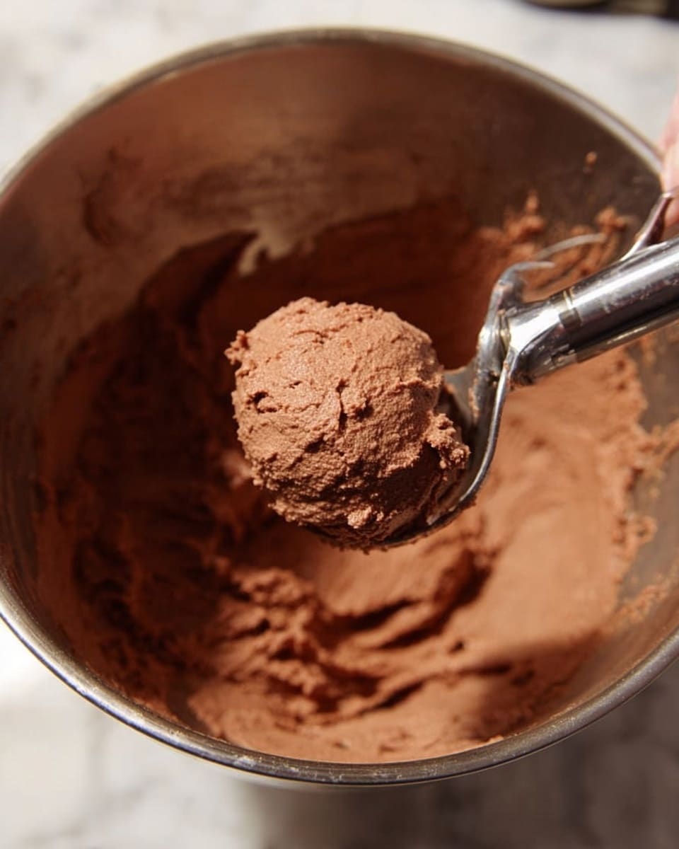 A close-up view of a metal mixing bowl filled with thick, smooth brown dough or batter. A metal ice cream scoop holds a rounded portion of this chocolate-colored mixture above the bowl, showing its soft and slightly textured surface. The inside of the bowl has some streaks of the batter clinging to the sides, suggesting recent mixing. In the background, a woman's hand holds the scoop, partly visible. The scene is set on a white marbled surface. photo taken with an iphone --ar 4:5 --v 7