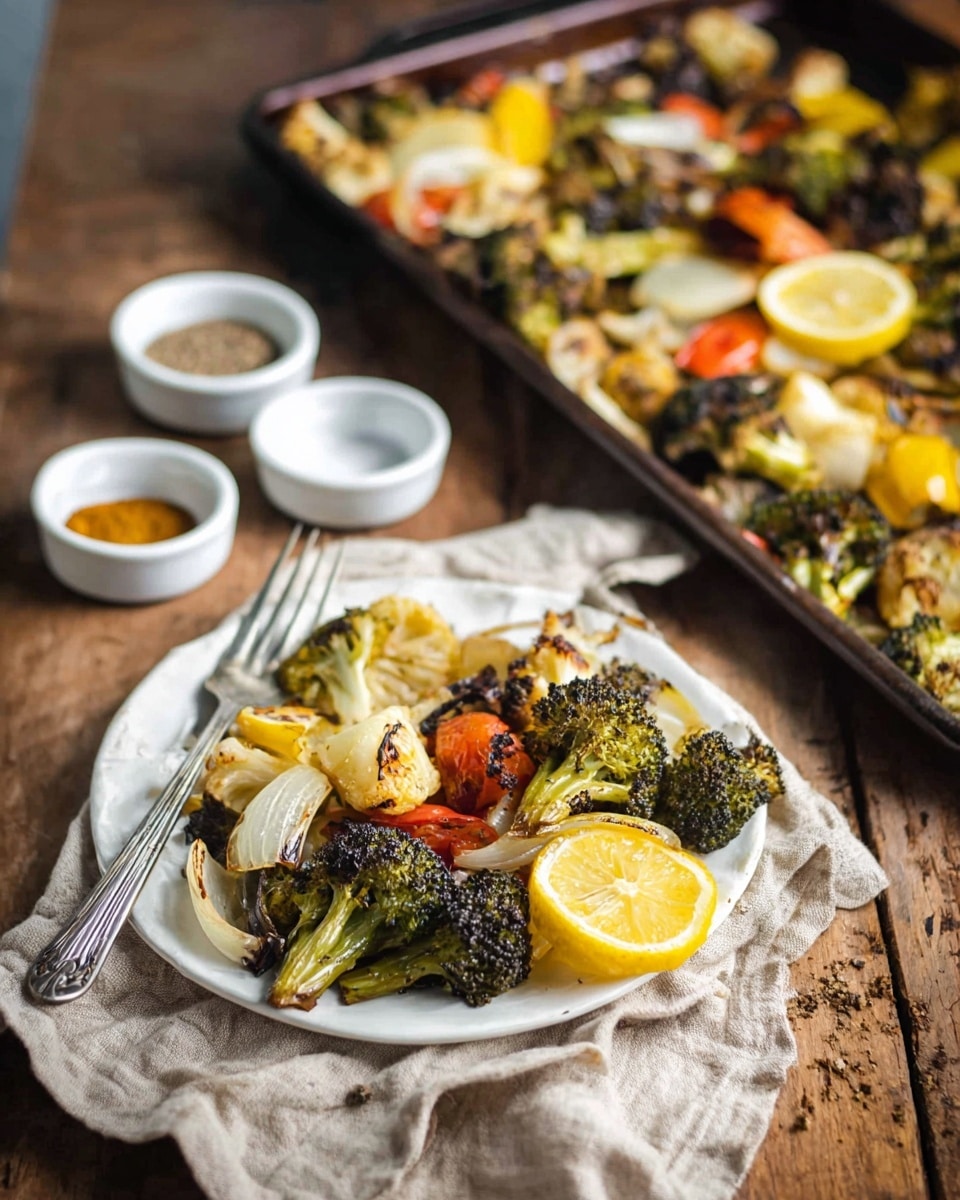 The image shows a white plate on a wooden table, with a mix of roasted vegetables including green and slightly blackened broccoli, slices of yellow lemon, small white onions, and pieces of red bell pepper. The vegetables look browned and slightly charred, giving a rustic feel. The plate has a silver fork resting on it. Behind the plate, there is a dark baking tray filled with more of the roasted vegetables, sitting on a beige cloth. In the background, there are small white bowls containing spices and seasonings, all placed on a white marbled surface. Photo taken with an iphone --ar 4:5 --v 7