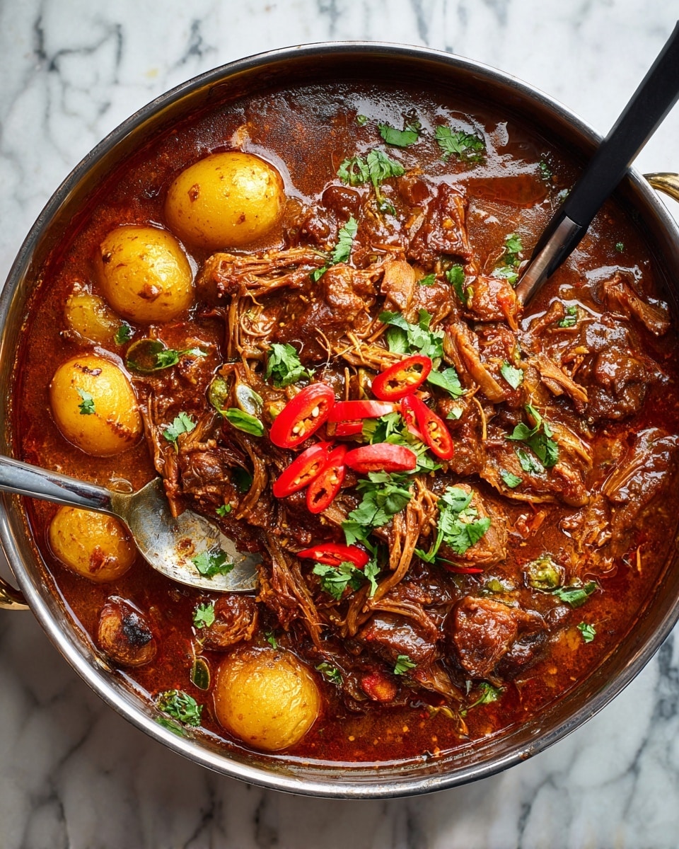 The image shows a rich, dark reddish-brown stew with soft, shredded meat pieces scattered throughout. On one side of the dish, there are golden-brown roasted small potatoes partially covered in the same thick sauce. Bright green cilantro leaves are sprinkled over the stew, along with several slices of bright red chili peppers, adding pops of color and texture. Two black tongs and a metal spoon are partially submerged in the stew, lifting some meat. The dish is set on a white marbled surface. photo taken with an iphone --ar 4:5 --v 7