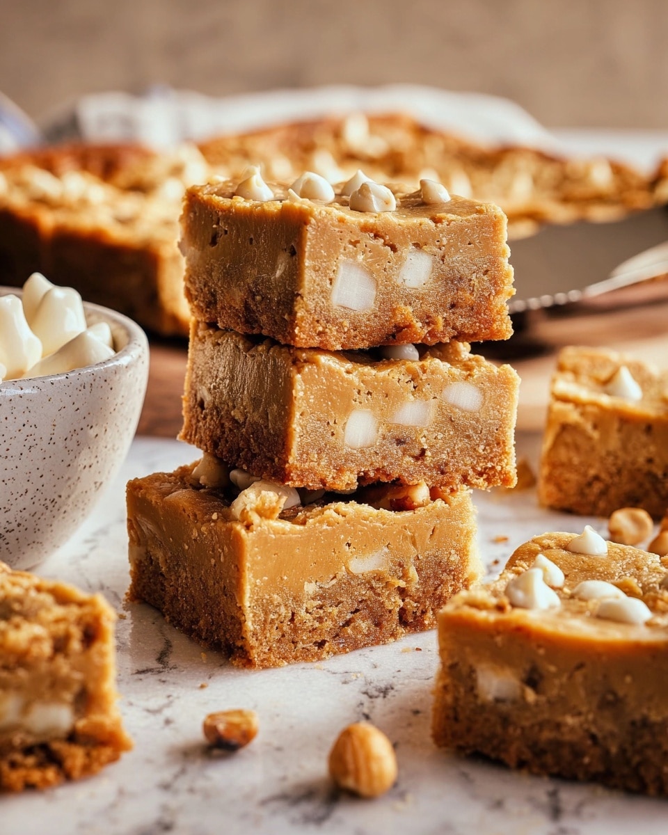 This image shows a close-up of a stack of three square bars on a white marbled surface, each bar having two layers: a light brown base with a soft, slightly crumbly texture and white chunks inside, topped with a smooth lighter brown layer sprinkled with thin white nut pieces. Around the stack, more bars are scattered, showing visible pieces of nuts embedded in the top layer. In the background, a white speckled bowl holds small white pieces, and a woman's hand holds a spatula with a similar bar on it. The overall color scheme is warm browns and whites with a cozy, homemade look. photo taken with an iphone --ar 4:5 --v 7