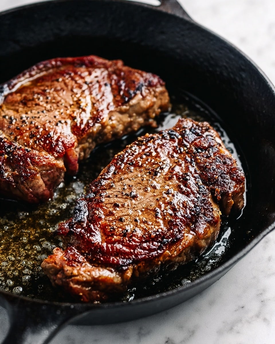 Two juicy steaks with a brown, crispy outside and some pink inside sit in a black cast iron pan. The steaks have a shiny layer of oil or butter on top, giving them a wet look. The steaks' surface shows grill marks and small blackened spots, showing they are cooked well. The pan has some melted butter and juice around the steaks, adding a rich and tasty feel. The whole scene is bright and clear with a white marbled textured surface in the background. photo taken with an iphone --ar 4:5 --v 7