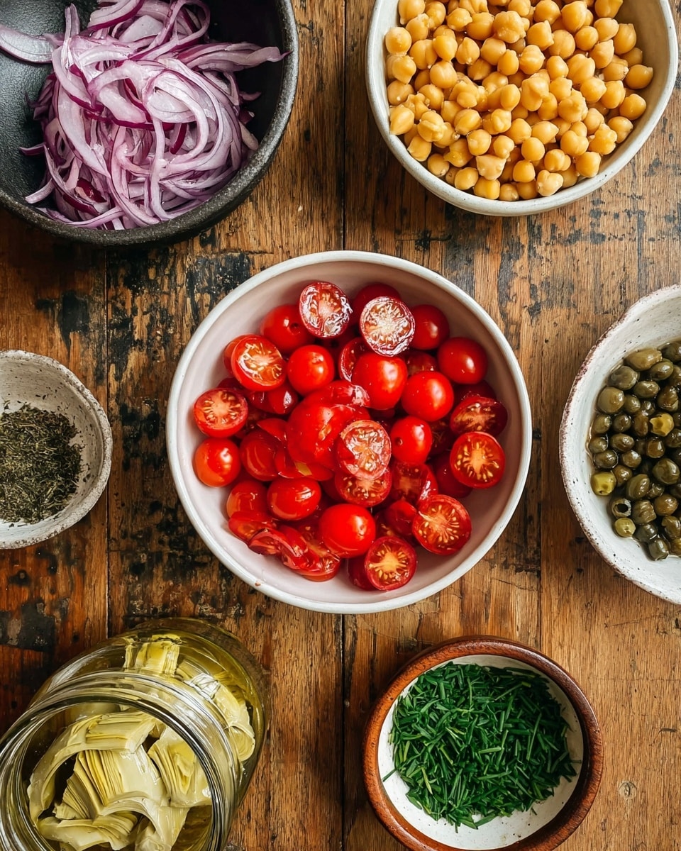 In the center of the image, there is a white bowl filled with halved bright red cherry tomatoes showing their juicy interior and seeds. Above it and slightly left, a dark bowl holds thinly sliced purple onions arranged loosely. To the top right, a white bowl is full of light yellow chickpeas. Below the onion bowl, a small white bowl contains fresh green basil leaves sliced into thin strips. Next, a small bowl with a brown rim holds green capers. Towards the bottom right corner, a wooden bowl holds dark green chopped chives. In the bottom middle, there is a glass jar filled with pale yellow artichoke hearts in liquid. The whole setup rests on a rustic wooden table. photo taken with an iphone --ar 4:5 --v 7