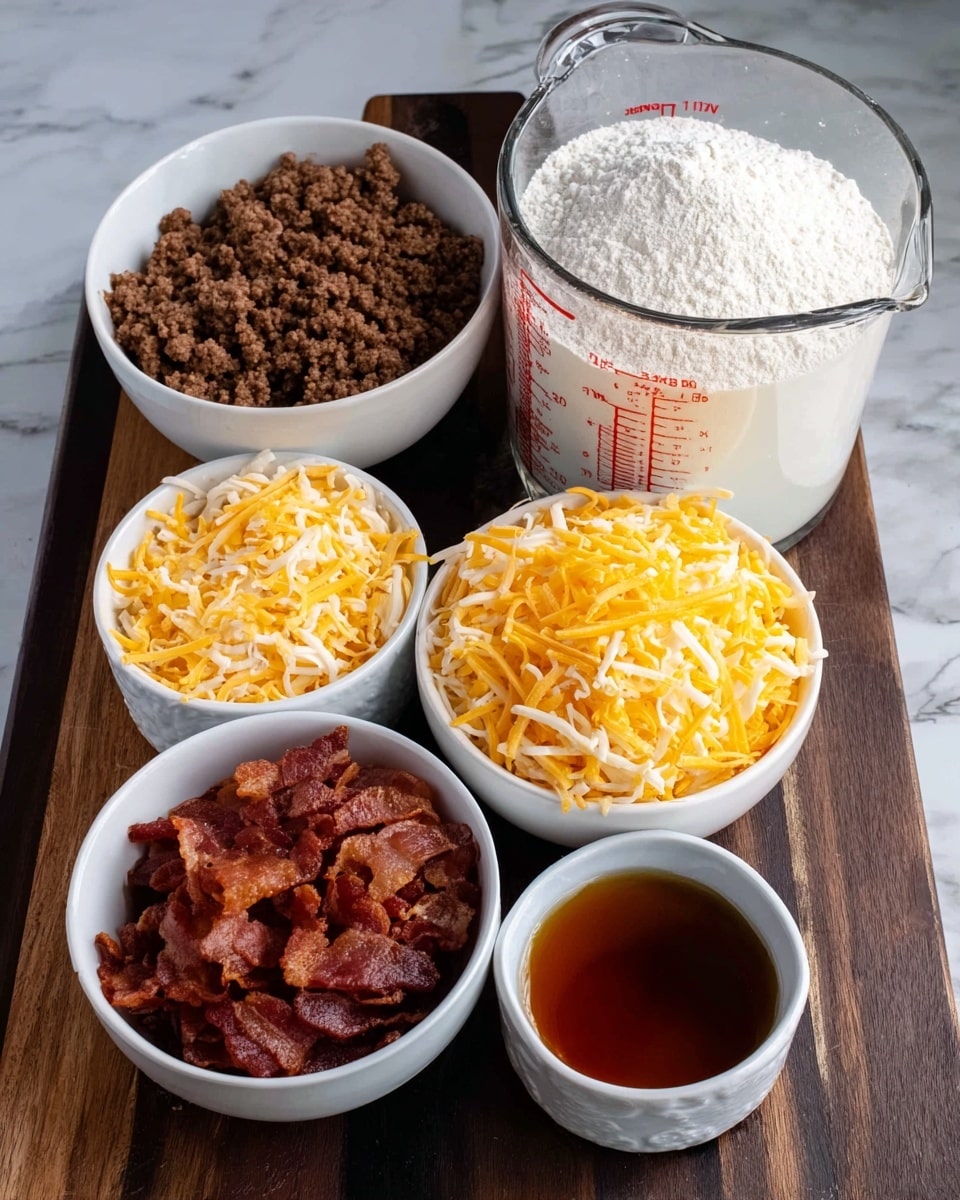 The image shows five containers on a dark wooden board with a white marbled background. There is a large clear glass measuring cup filled with white flour at the back right. At the back left is a white bowl filled with cooked ground meat, brown and crumbly. To its right is a white bowl full of yellow and white shredded cheese. In front of these, there is a smaller white bowl with crispy chopped bacon pieces, reddish-brown in color. Next to it on the right is a small white bowl with a dark amber liquid, possibly syrup or sauce. photo taken with an iphone --ar 4:5 --v 7
