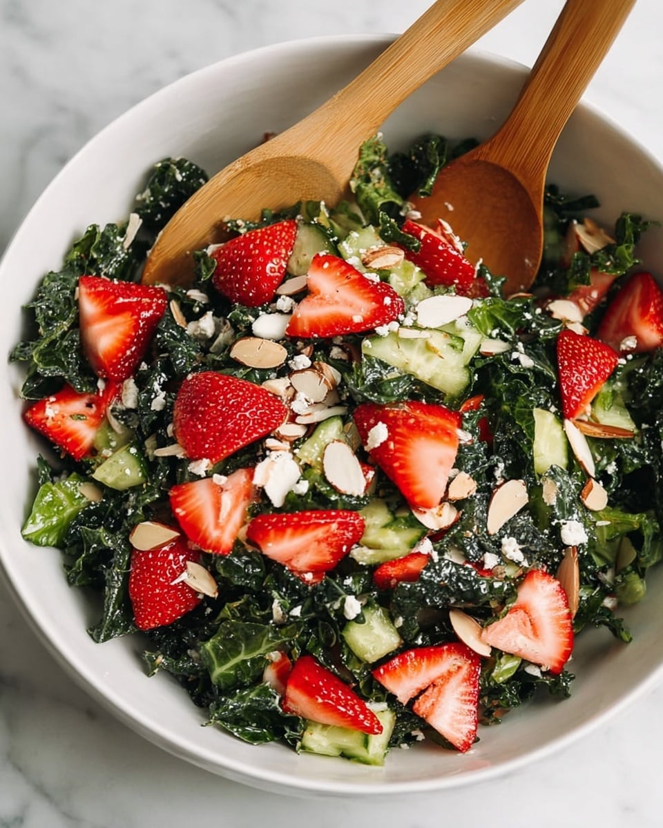 A white bowl filled with a fresh salad consisting of three main layers: at the bottom, dark green leafy kale and spinach mixed with sliced light green celery and cucumber pieces; the middle layer has vibrant red strawberry slices scattered evenly; on the top, sliced light brown grilled chicken is arranged neatly in the center, garnished with small white crumbles of cheese and a few almond slices. A fork with a black handle rests inside the bowl on the right side, and the bowl sits on a white marbled surface with another bowl of the same salad partially visible in the background. Photo taken with an iphone --ar 4:5 --v 7