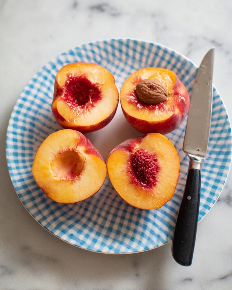The image shows four peach halves placed on a white plate with a blue checkered pattern. The peach halves display a vibrant mix of orange, yellow, and reddish tones, with the seed visible in two of them. A small brown pit lies near the top edge of the plate. A knife with a black handle and silver blade rests on the right side of the plate. The plate is set on a white marbled surface. photo taken with an iphone --ar 4:5 --v 7