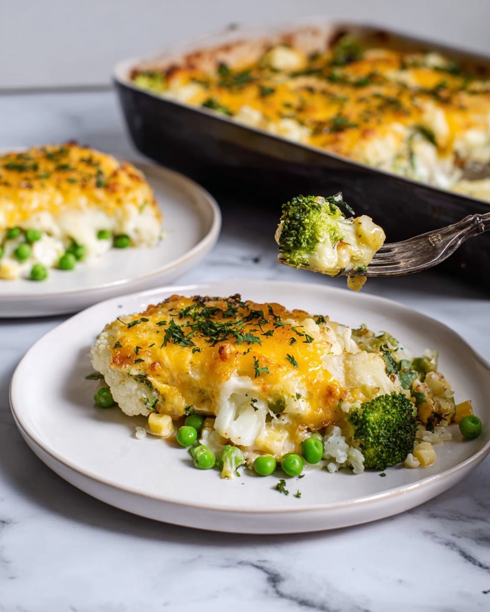 The image shows a white plate with a black rim holding a serving of a baked dish in three layers: the bottom layer is green peas and small broccoli pieces mixed with small cauliflower chunks; the middle layer has melted cheese that is yellow and white, partly browned, covering some of the vegetables; and the top layer is a thick, golden-brown baked cheese with slight charring on the edges, sprinkled with small green herbs. A silver fork is partially lifting a broccoli piece from the plate. In the background, a black baking pan contains more of the dish with the same layers visible, all placed on a white marbled surface. Photo taken with an iphone --ar 4:5 --v 7