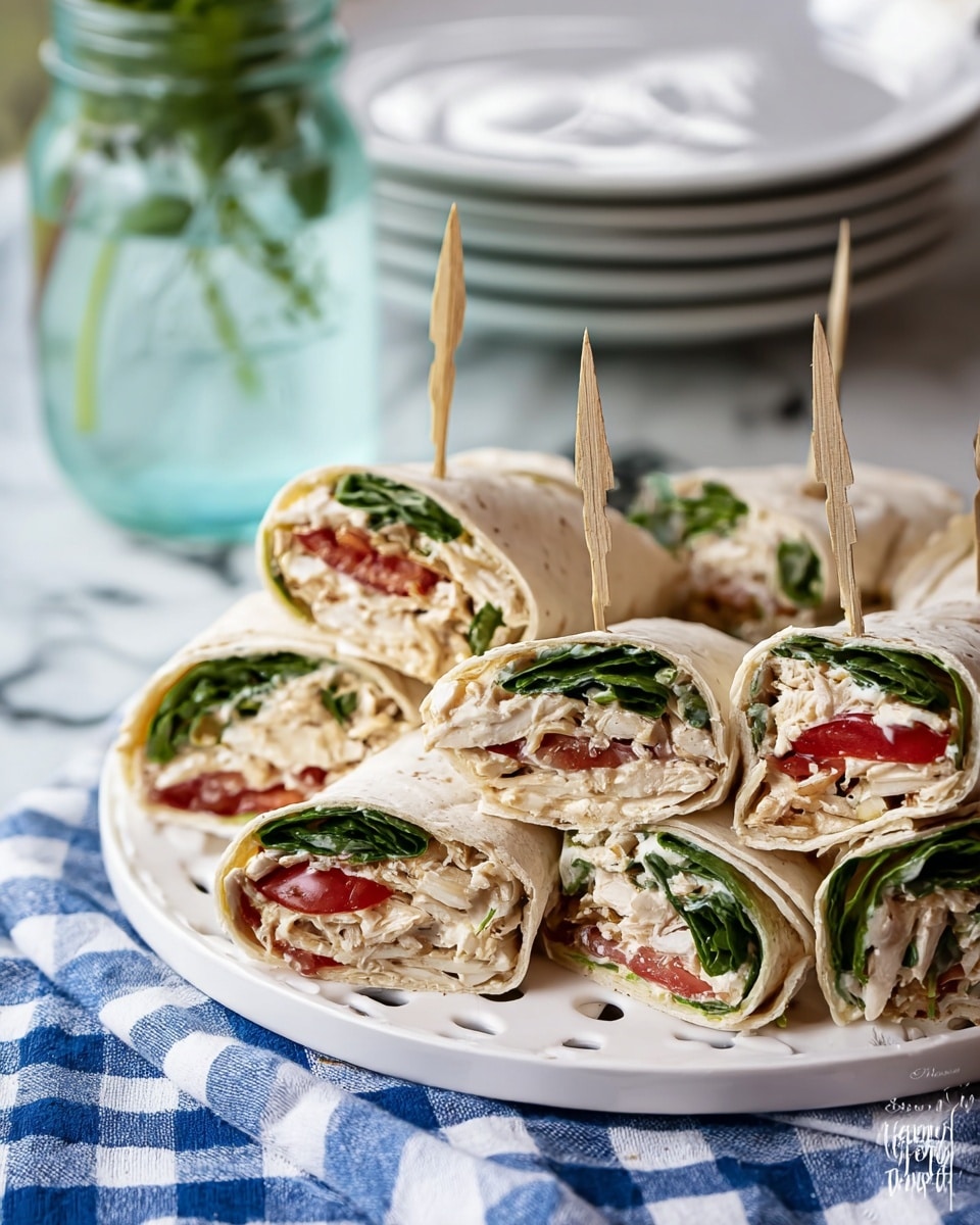 The image shows six tortilla wraps cut in half and arranged on a white round plate with holes around the edge. Each wrap has four layers visible from the side: a soft, light beige tortilla outer layer; a bottom layer of light-colored cooked chicken pieces mixed with creamy dressing; a middle layer with bright red tomato slices; and a top layer of fresh, dark green spinach leaves. Each wrap half is held together with a small wooden skewer. The plate sits on a table with a blue and white checkered cloth and a white marbled surface. In the blurred background, there is a stack of white plates and a glass jar with water and green herbs. photo taken with an iphone --ar 4:5 --v 7