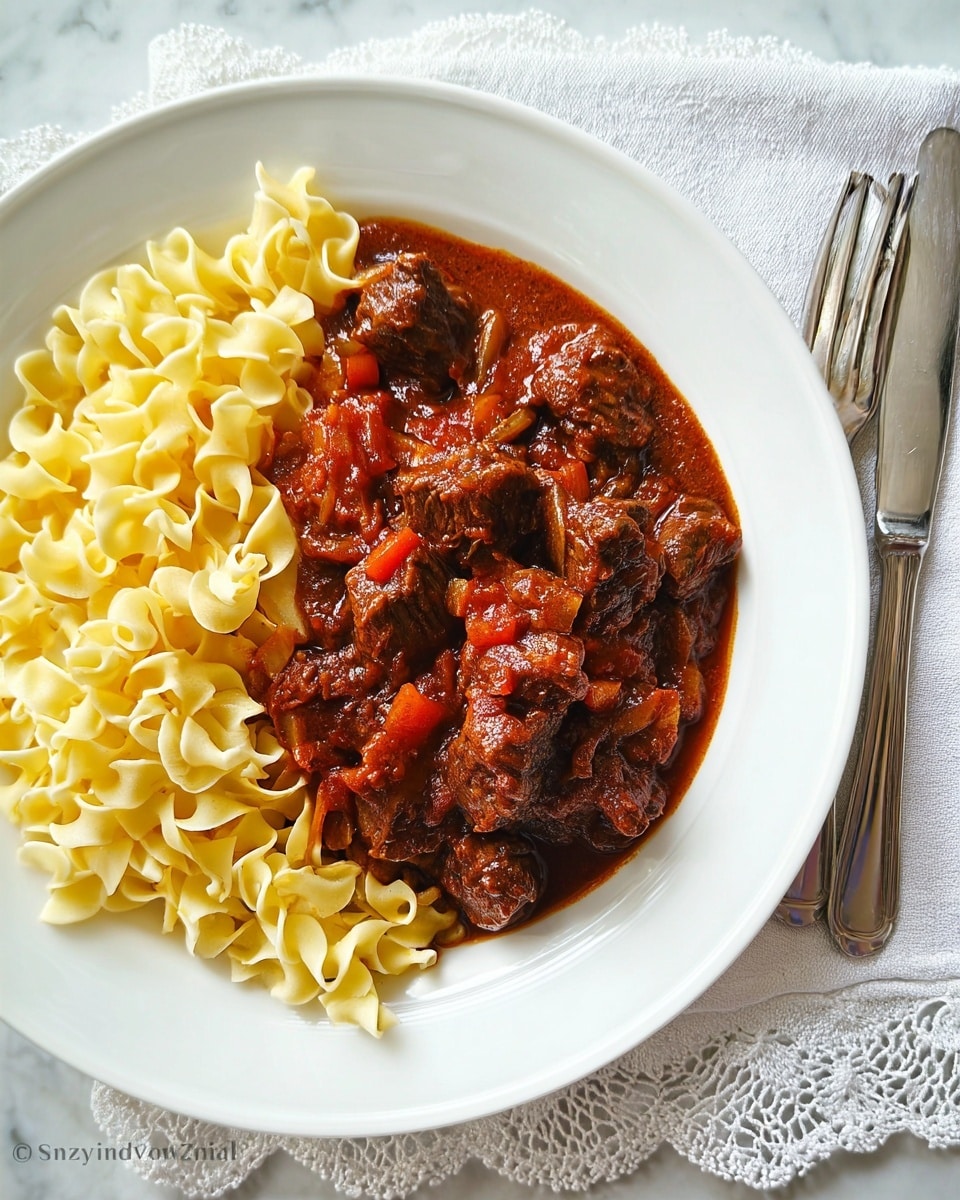 The dish shows a white plate with two main layers: on the left, a layer of tender dark brown meat chunks covered in a rich, thick reddish-brown sauce with small pieces of vegetables mixed in, and on the right, a layer of pale yellow egg noodles with a smooth, slightly shiny texture, some noodles curled and overlapping each other. The sauce slightly spreads onto the noodles, creating a contrast between the deep red sauce and the light yellow noodles. The plate rests on a white marbled surface, with a silver fork and knife placed on the right side, lying on a white cloth with a lace edge. Photo taken with an iphone --ar 4:5 --v 7