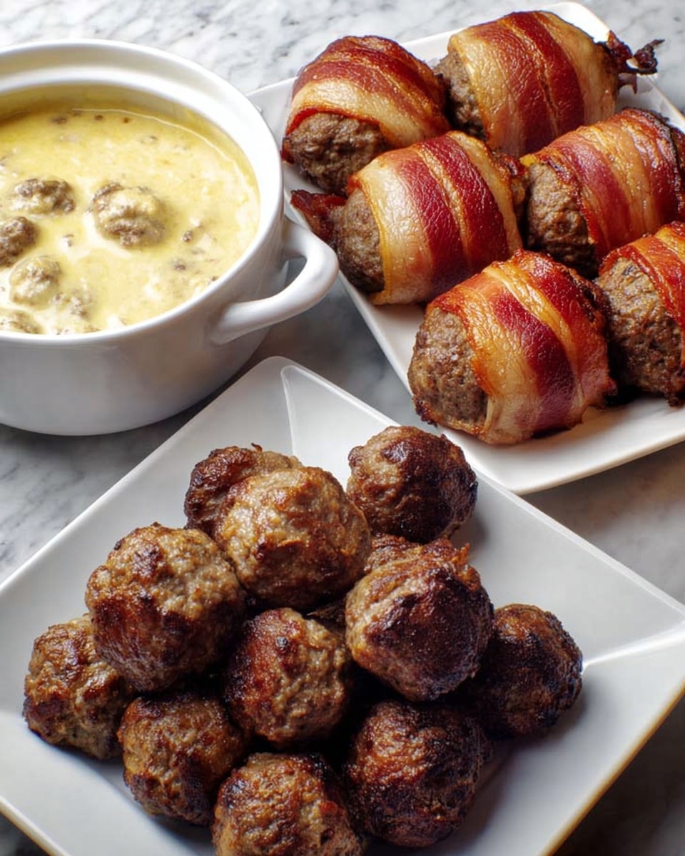 The image shows three white dishes on a white marbled surface. The top white rectangular plate holds three large meatballs wrapped in crispy, golden-brown bacon, showing a textured, dark brown meat underneath the bacon strips. Below, a white square plate is filled with smaller, dark brown grilled meatballs, some with slightly charred spots, stacked loosely. To the left, a white bowl with handles contains smaller meatballs in a light yellow creamy sauce with a smooth texture. Photo taken with an iphone --ar 4:5 --v 7