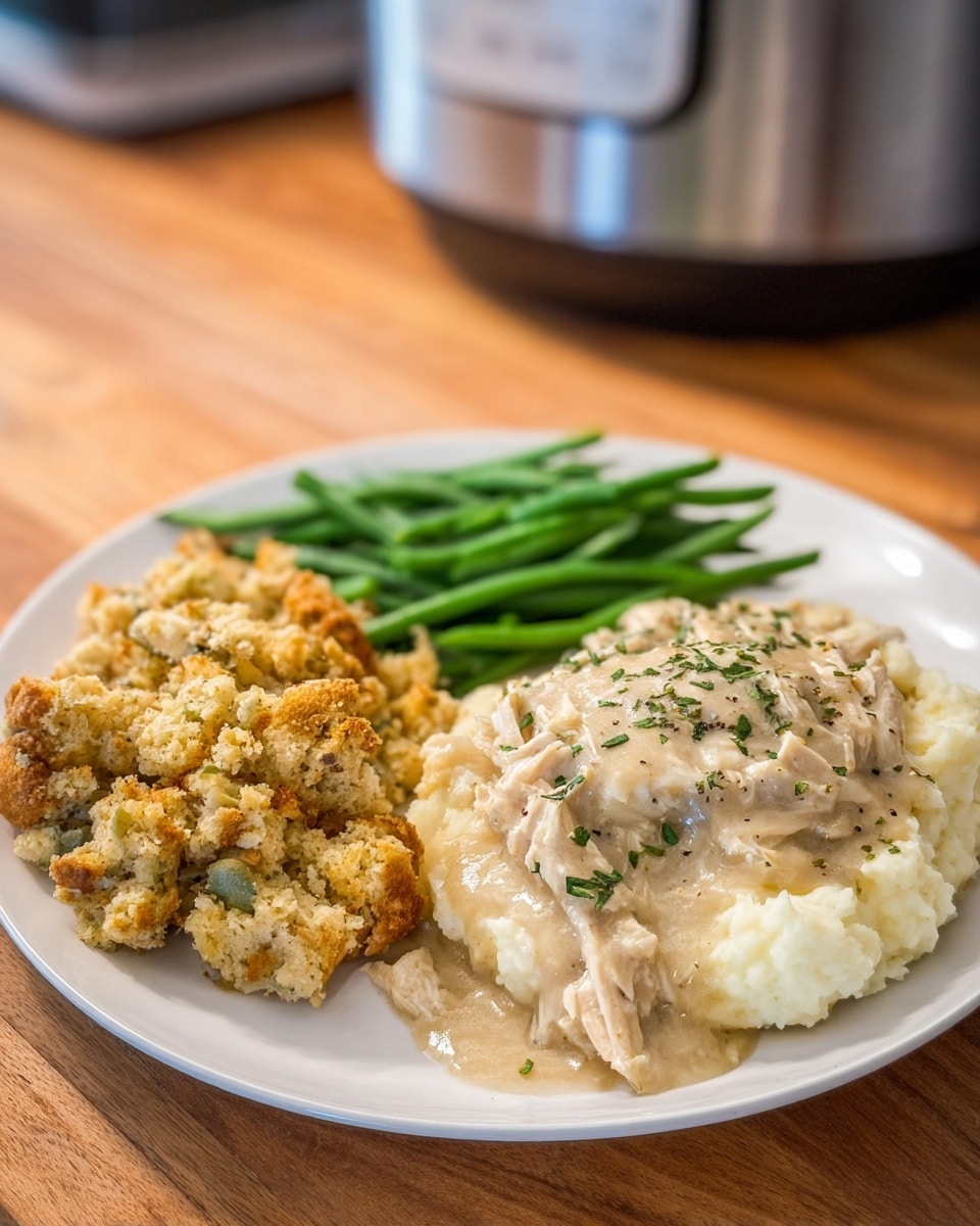 A white plate holds a meal with three main parts: on the left, a portion of crumbly, golden-brown stuffing with visible herbs and small bits of bread; at the top, a bright green pile of cooked green beans, slightly shiny with a smooth texture; and on the right, a large creamy beige chicken and mashed potato mix with visible shredded chicken pieces covered in thick sauce sprinkled with small green herbs and black pepper, sitting on a bed of mashed potatoes that peek out a little from under the sauce. The plate is set on a wooden surface with a kitchen appliance blurred in the background. Photo taken with an iphone --ar 4:5 --v 7