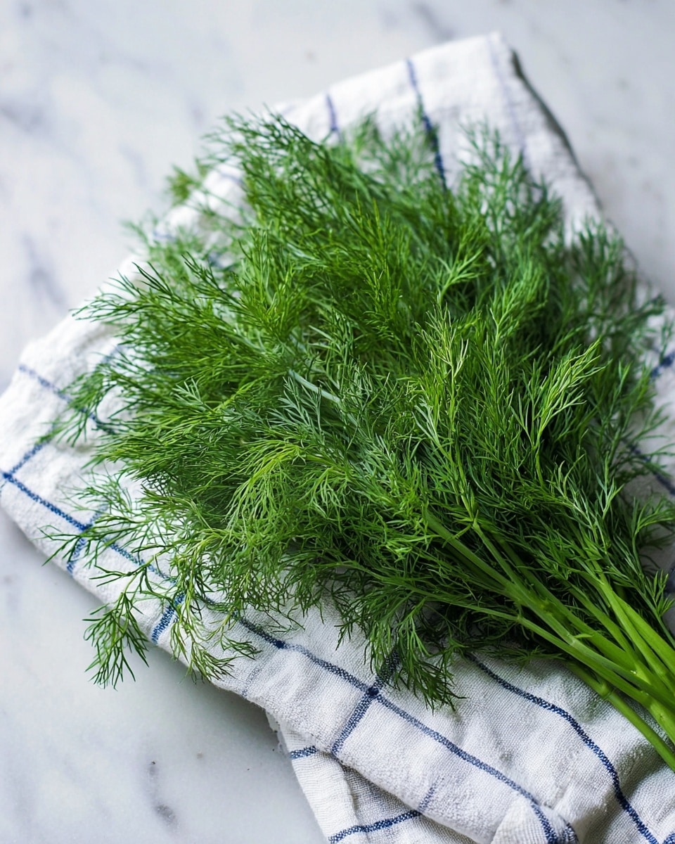 A bunch of fresh green dill leaves with thin, feathery texture is placed on a cloth that has white and blue checkered patterns. The cloth is set on a white marbled surface. The dill leaves are spread loosely and show a rich, vibrant green color. Photo taken with an iphone --ar 4:5 --v 7