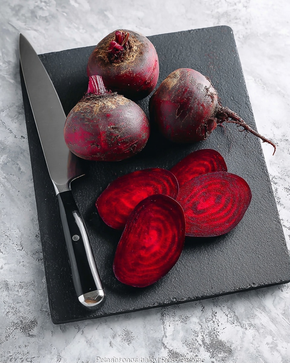On a black cutting board placed on a white marbled surface, there are three whole reddish beets with rough skin and three thick slices of bright red beets showing clear circular textures inside. A large shiny knife with a black handle sits on the left side of the board, its blade pointed up and reflecting light. The arrangement is simple and neat, highlighting the rich, earthy colors of the beets against the dark board and light marble. photo taken with an iphone --ar 4:5 --v 7