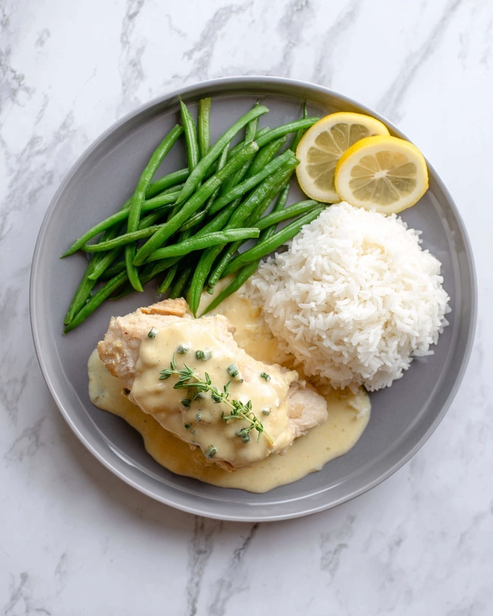 A white plate shows a meal with three parts: a yellow-brown cooked piece of chicken covered with creamy white sauce and topped with a small green herb branch, bright green cooked whole green beans placed next to the chicken with a fresh yellow lemon wedge resting on them, and a pile of white cooked rice behind the chicken and beans. The plate sits on a white marbled surface with a folded blue and white striped cloth and some blurred kitchen items in the background. photo taken with an iphone --ar 4:5 --v 7