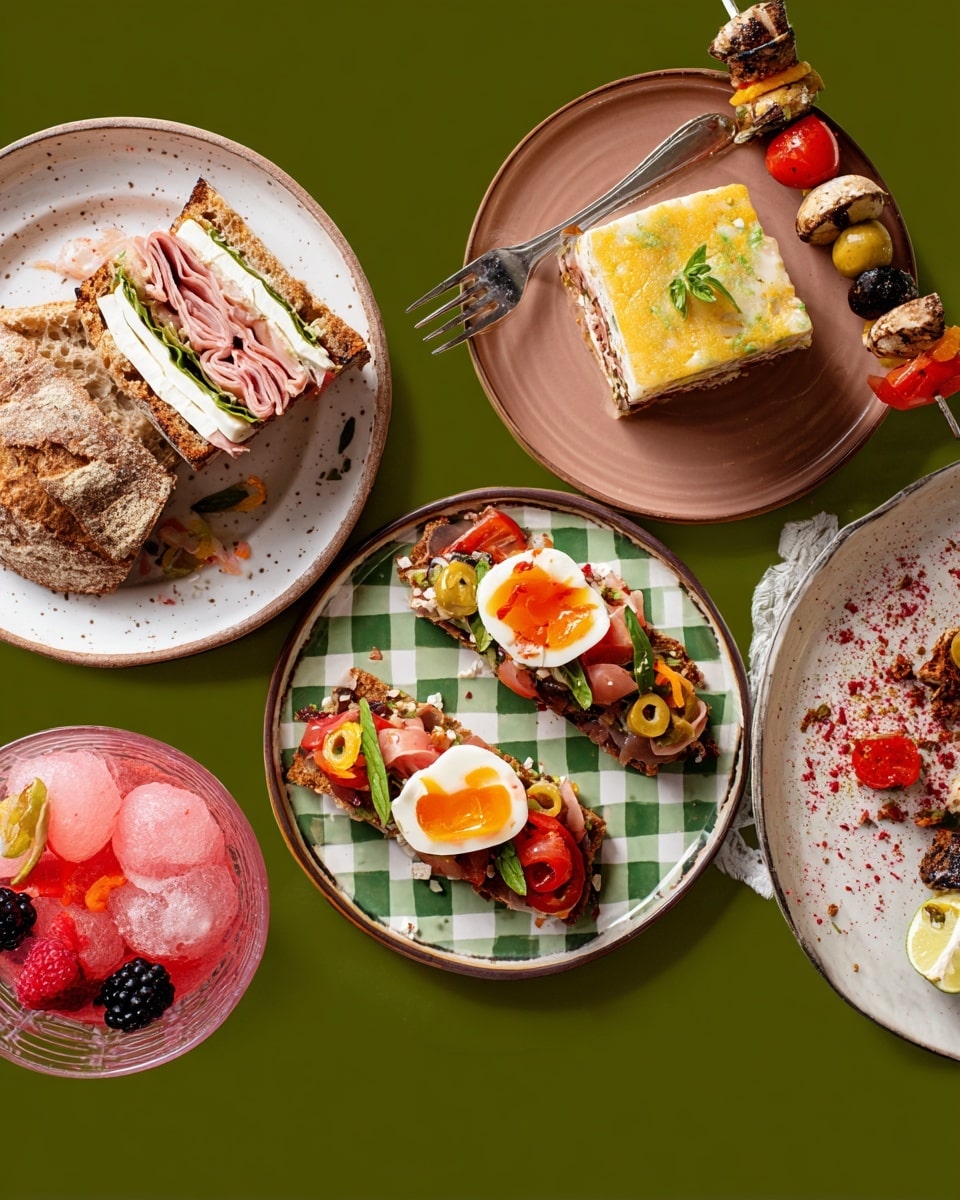 A speckled white plate holds a sandwich with several layers: a thick crusty brown bread on top and bottom, green olives and small slices of red pepper near the bottom, followed by folded slices of pink deli meat, then white cheese slices stacked in the middle, and more layers of green and red vegetables toward the top. A fork rests on a brown plate beside a block-shaped slice of light yellow dessert with pieces of fruit inside and sprinkled with red powder. A white marbled surface holds a green and white checkered plate with two pieces of flatbread topped with halved soft-boiled eggs with bright orange yolks, small red tomato slices, and green olives, drizzled with green sauce. A glass bowl contains pink shaved ice with small green leaves and a lime wedge on top. A pink bowl holds a dessert mix of blackberries, raspberries, crumbled brown cookies, orange zest, and a dollop of white cream. A wooden skewer with grilled vegetables including mushrooms, red and yellow bell peppers, and cherry tomatoes hovers above the scene. photo taken with an iphone --ar 4:5 --v 7