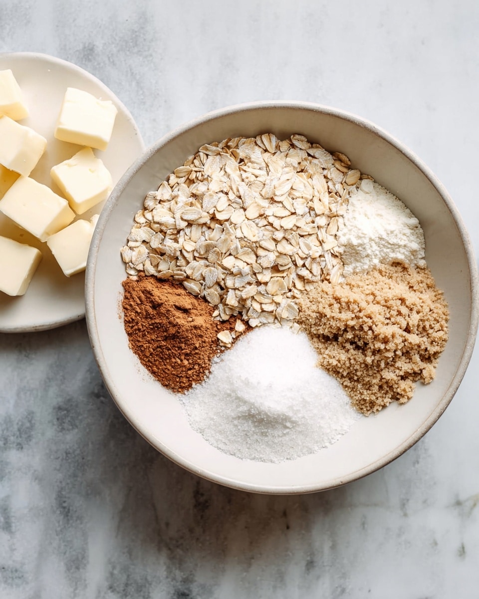 A white bowl sits on a white marbled surface, filled with five different dry ingredients arranged in separate sections without mixing. Starting from the top left, there are pale beige rolled oats, next to them on the top right is a white flour powder, below that on the middle right is a brown cinnamon powder, at the bottom center is light brown sugar with a crumbly texture, and on the bottom left is a small mound of white baking soda or salt. To the left of the bowl, there is a white plate holding neatly cut small cubes of pale yellow butter. Photo taken with an iphone --ar 4:5 --v 7