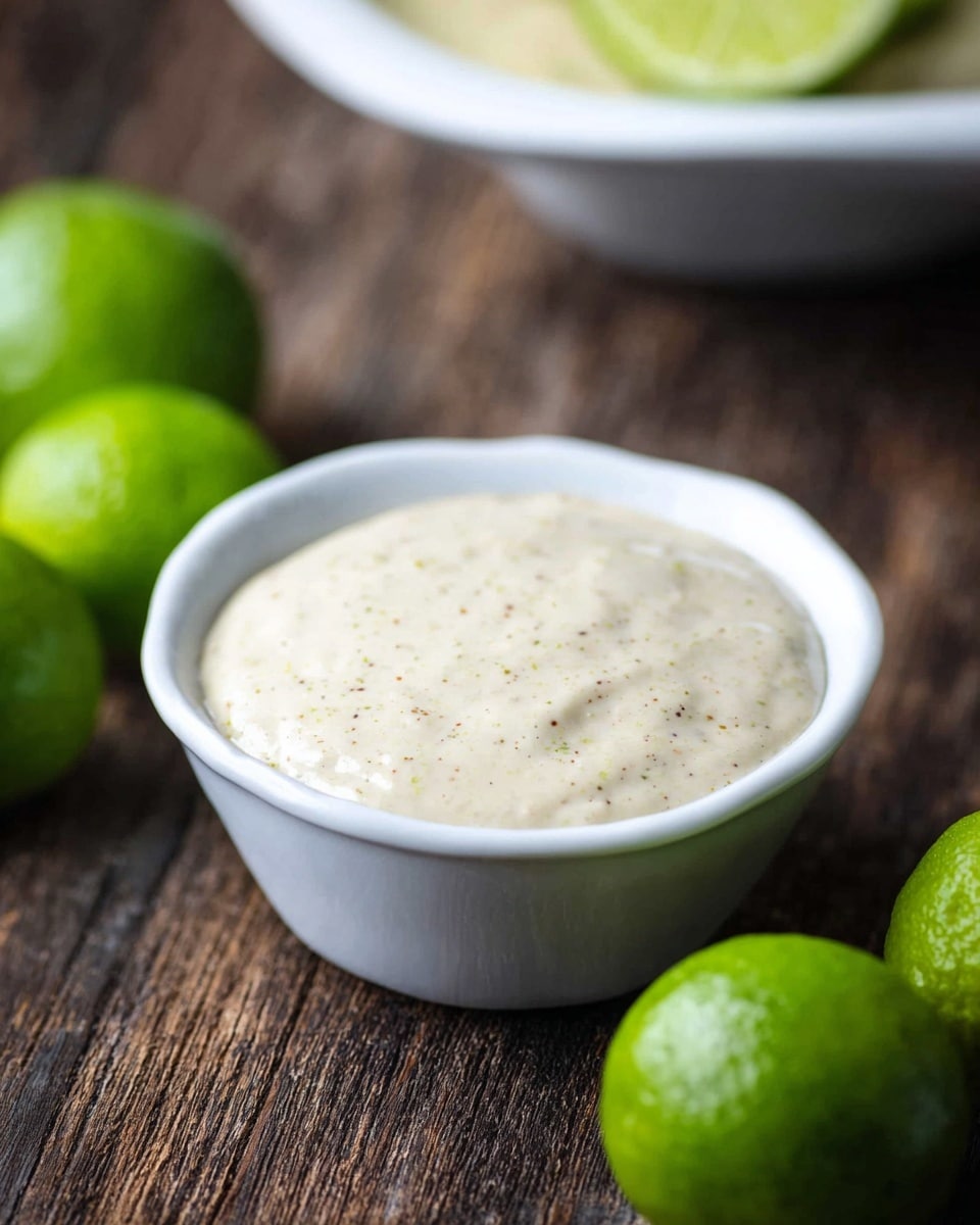 A small white bowl filled with a thick, creamy sauce that has a light beige color with tiny dark specks mixed in. The bowl sits on a dark wooden surface, surrounded by three bright green limes placed around it, adding a fresh and colorful contrast. In the blurred background, part of another white plate or bowl with a light-colored dish is visible, placed on the same dark surface. photo taken with an iphone --ar 4:5 --v 7