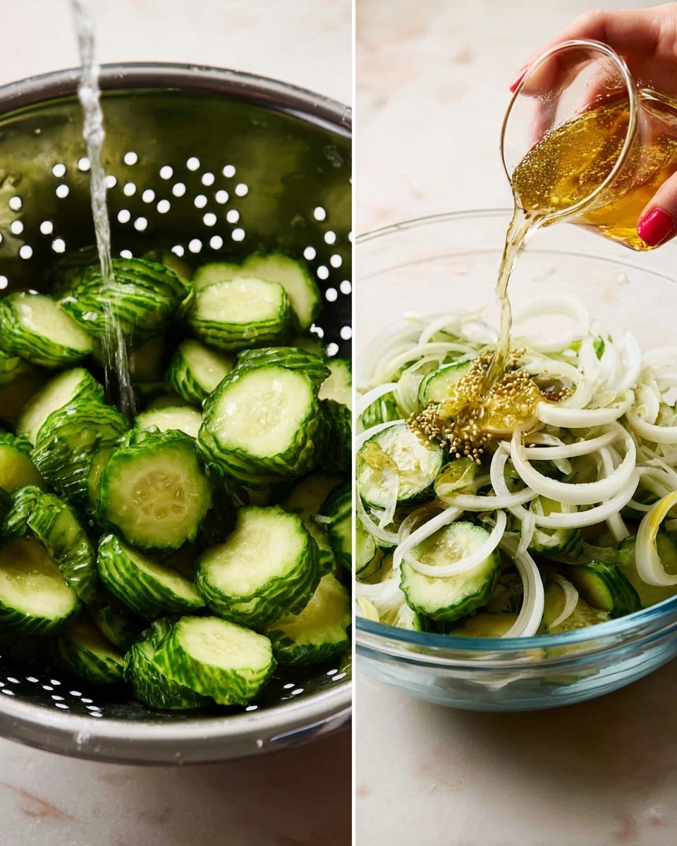 The image shows two side-by-side scenes of cucumber preparation. On the left, many crinkle-cut cucumber slices are inside a silver metal colander with small holes, under running water being rinsed, the cucumber slices being bright green with a rough shiny texture. On the right, the cucumber slices are in a clear glass bowl on a white marbled surface, with thin white onion rings mixed in. A woman's hand with red-painted nails is pouring a golden liquid with mustard seeds over the cucumbers and onions. The colors are fresh and vivid, with the cucumbers in deep green tones, the onions white and translucent, and the liquid amber. Photo taken with an iphone --ar 4:5 --v 7