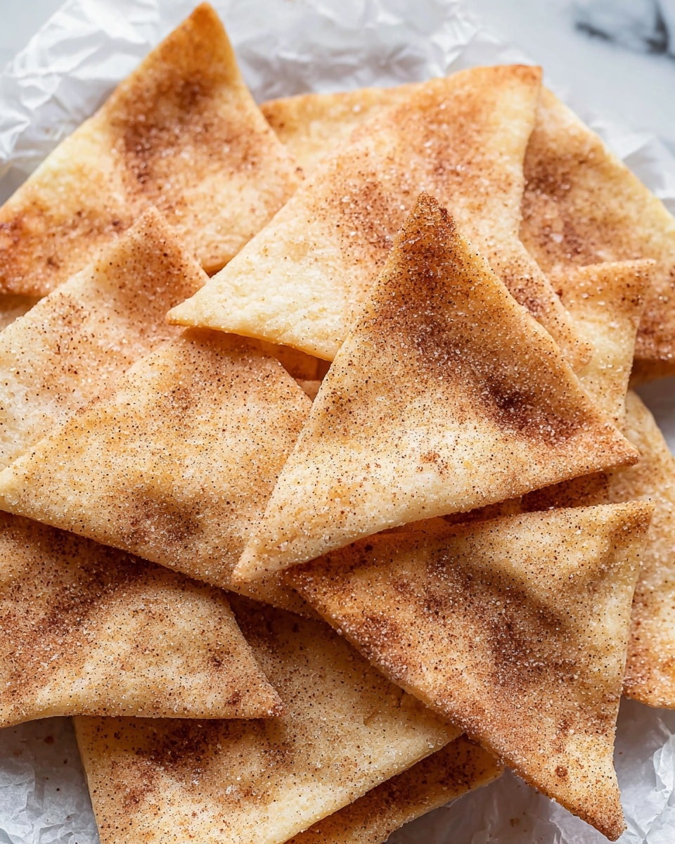 The image shows a close-up of several triangular baked chips arranged in a pile, each chip having a pale golden color with a slightly crispy texture. The chips are sprinkled with a light layer of cinnamon sugar, giving them a speckled appearance with fine brown and white granules spread evenly across the surface. The edges of the chips have a light browning, adding contrast to the soft beige base color. The chips rest on crinkled white parchment paper, over a white marbled surface, creating a simple and clean background. photo taken with an iphone --ar 4:5 --v 7