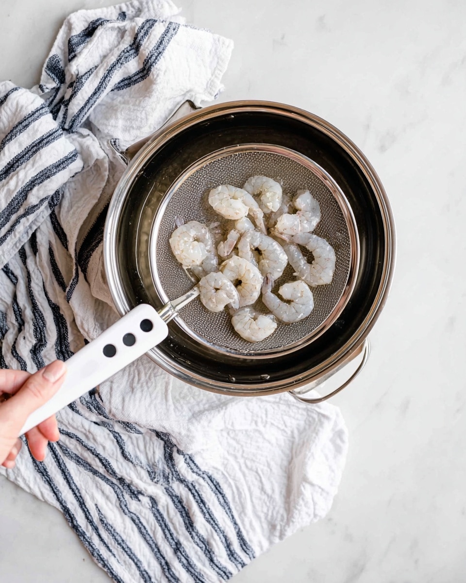 A woman's hand is holding a metal skimmer with a white handle with two black dots, lifting raw, peeled shrimp out of a stainless steel pot filled with bubbling water. The shrimp are grayish-white with a slight pink hue and are placed in the wire basket of the skimmer. The pot sits on a white marbled surface next to a crumpled white and navy blue striped cloth. The overall scene is bright with simple, clean lines and neutral tones photo taken with an iphone --ar 4:5 --v 7
