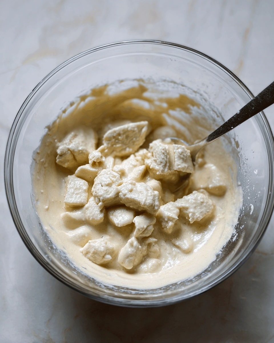 A clear glass bowl filled with a thick, creamy beige batter as the base layer, with irregularly shaped pieces of pale dough or batter floating on top. A silver spoon rests inside the bowl, partially submerged in the mixture. The bowl is placed on a white marbled surface. The textures show the smooth batter with soft lumps suspended within it. photo taken with an iphone --ar 4:5 --v 7