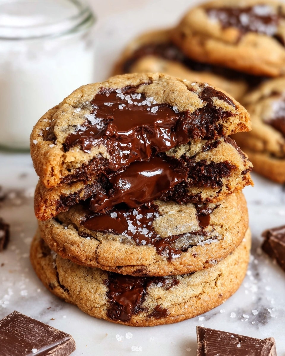 The image shows a stack of four chocolate chip cookies on a white marbled surface. The top cookie is broken in half, revealing thick, shiny, melted dark chocolate chunks inside, with some chocolate oozing out of the cookie layers. The cookies have a golden-brown color with a slightly rough, crumbly texture and are sprinkled with coarse salt. In the background, there are more cookies scattered and some pieces of dark chocolate along with a glass jar filled with white granulated sugar, all placed on the same white marbled surface. photo taken with an iphone --ar 4:5 --v 7