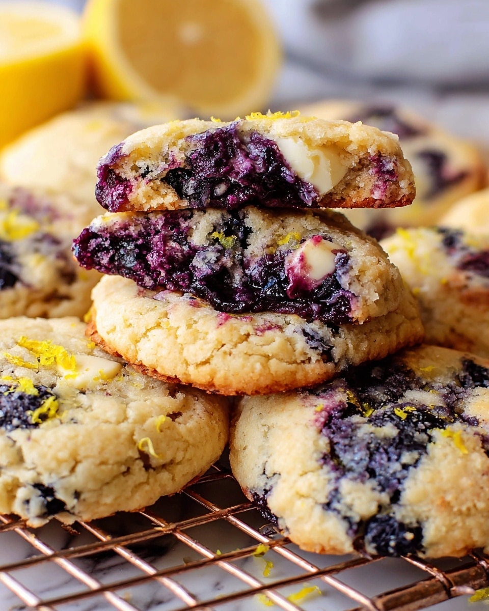 A close-up view of several round cookies with a rough, slightly crumbly texture, showing a mix of pale beige dough and deep purple-blue swirls of berries. One cookie is broken in half and stacked on top, revealing a soft inside with visible chunks of white chocolate and scattered blue and purple berries. The cookies rest on a metal cooling rack placed over a white marbled surface. There is some bright yellow zest sprinkled lightly on the cookies, adding a pop of color, and a wedge of lemon sits in the background. Photo taken with an iphone --ar 4:5 --v 7
