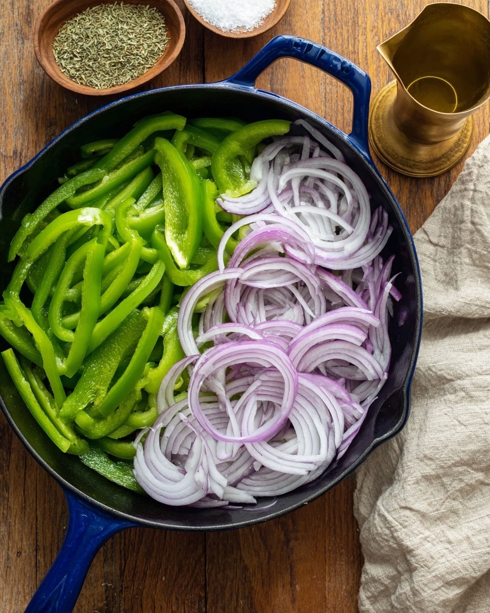A blue cast iron pan with two layers of sliced vegetables inside, the bottom layer is thinly sliced light purple and white onion rings that fill half of the pan, and the top layer is bright green bell pepper strips arranged neatly on the left side; the pan is on a wooden surface with small wooden bowls filled with coarse white salt and green dried herbs nearby, along with a brass measuring cup with olive oil, and a beige cloth in the top right corner; photo taken with an iphone --ar 4:5 --v 7