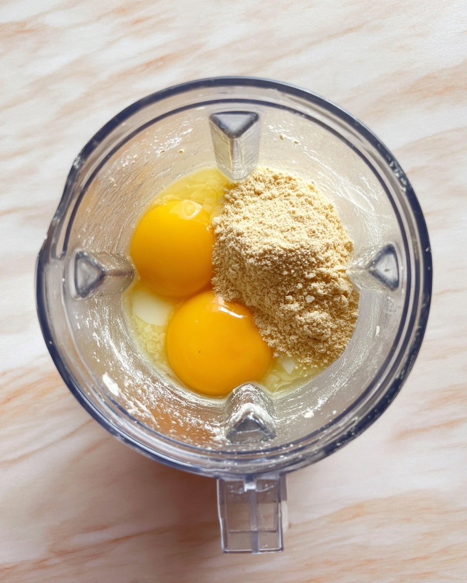 Inside a clear blender container, there are two bright yellow egg yolks with clear egg whites around them. On top of one yolk, there is a mound of light beige powder, and next to it, a smaller pile of a slightly darker beige powder is resting on the clear liquid. The container sits on a white marbled textured surface, and some white creamy residue is spread on the inside sides of the container near the top. photo taken with an iphone --ar 4:5 --v 7