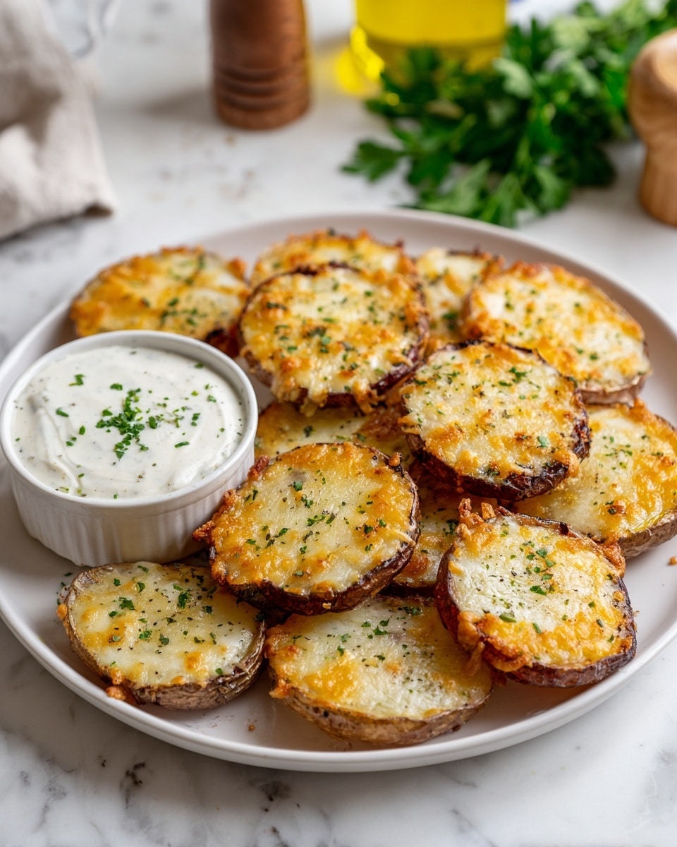 The image shows a baking tray with eleven round, golden-brown potato stacks evenly placed on white parchment paper. Each stack is about two layers thick, with the bottom layer light yellow and soft, and the top covered in melted cheese that is slightly crispy and browned around the edges. Small green herb sprinkles are spread over each potato stack, adding a fresh touch. The tray is set on a white marbled surface, and a white striped cloth is partially visible in the background, along with some green leaves adding a bit of color. photo taken with an iphone --ar 4:5 --v 7