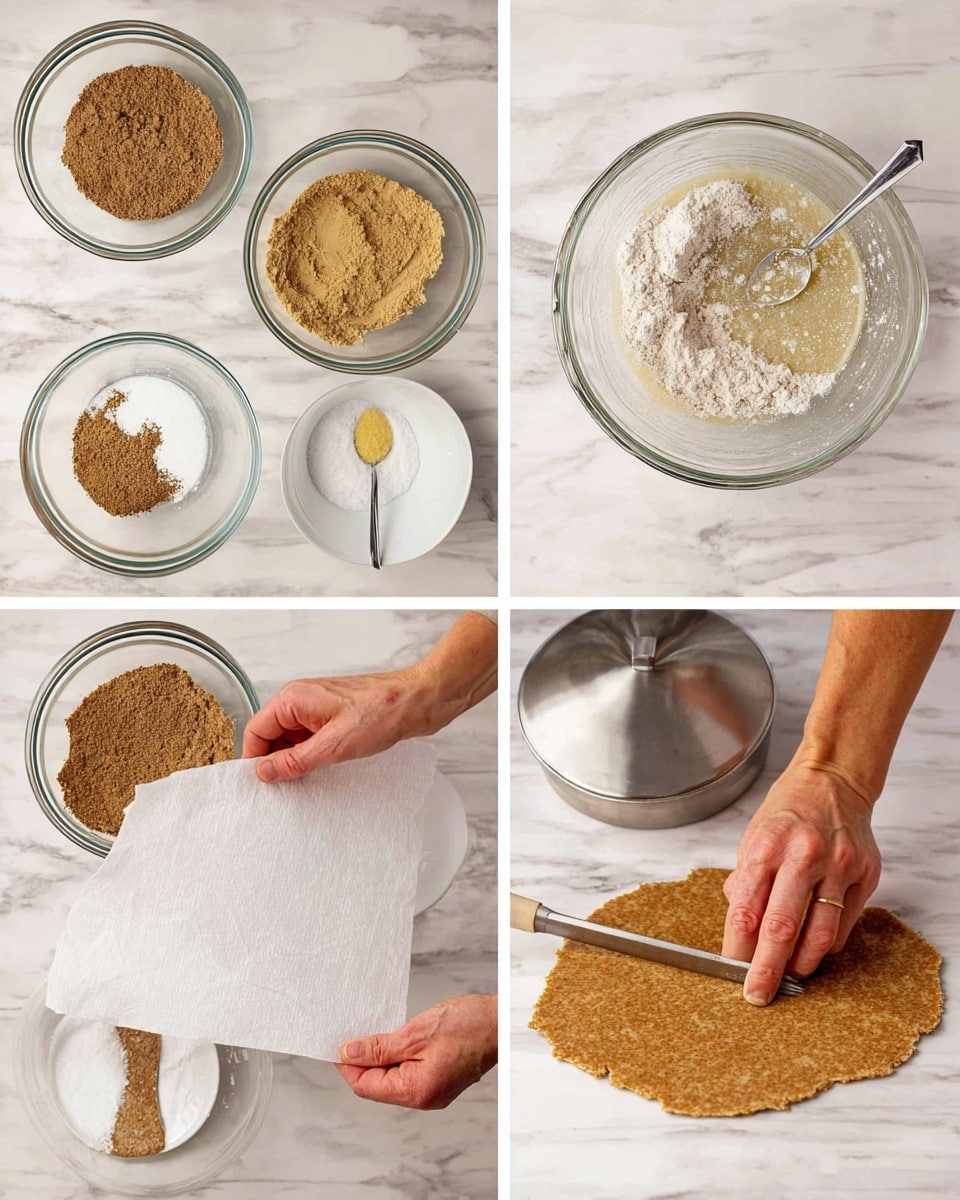 Four images show the process of making a flat brown dough. The first image has four clear glass bowls on a white marbled surface: two large ones hold brown and off-white powders, and two smaller white and clear bowls contain powder and water. Two measuring spoons with white and yellow powders lie above the bowls. The second image shows one large clear bowl with dry powders and small bubbles of liquid on top. The third image shows a woman's hand peeling back a sheet of white parchment paper from a large, thin, uneven brown flat dough on the white marbled surface. The last image features the same flat dough with a metal pot lid placed on top, while the woman's hand holds a thin knife near the edge of the lid to cut the dough in a round shape. photo taken with an iphone --ar 4:5 --v 7