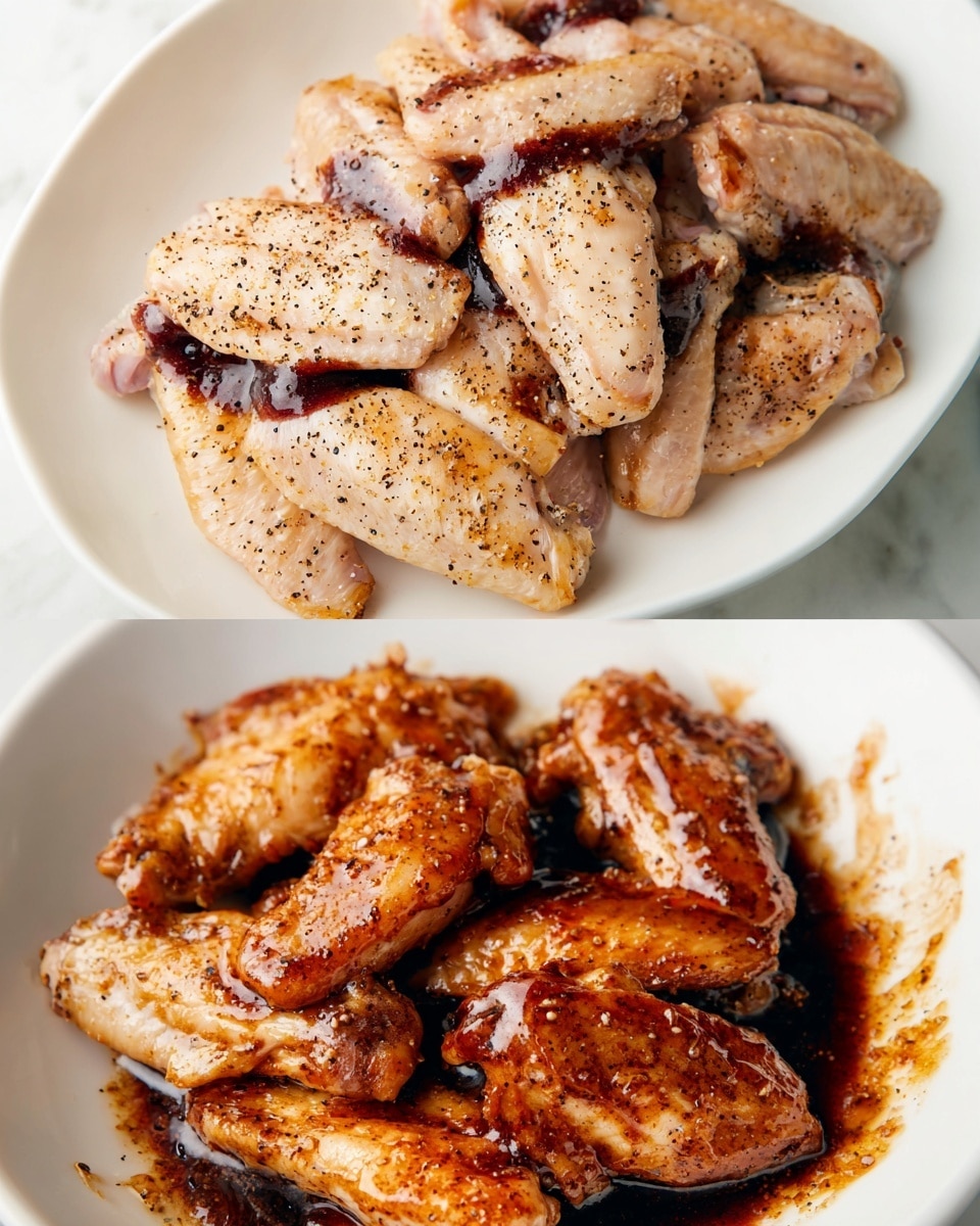 The image shows two white dishes of raw chicken wings on a white marbled surface. The top dish has several pieces of pale chicken wings arranged closely, each sprinkled with black pepper and lightly drizzled with a dark, thick sauce on top, highlighting the texture of the skin. The bottom dish contains chicken wings coated in a darker marinade, making them glisten in a rich, shiny brown color with visible black pepper and a bit of marinade pooling around the wings inside the dish. Both dishes show the wings from a close angle with the texture and seasoning clearly visible. photo taken with an iphone --ar 4:5 --v 7